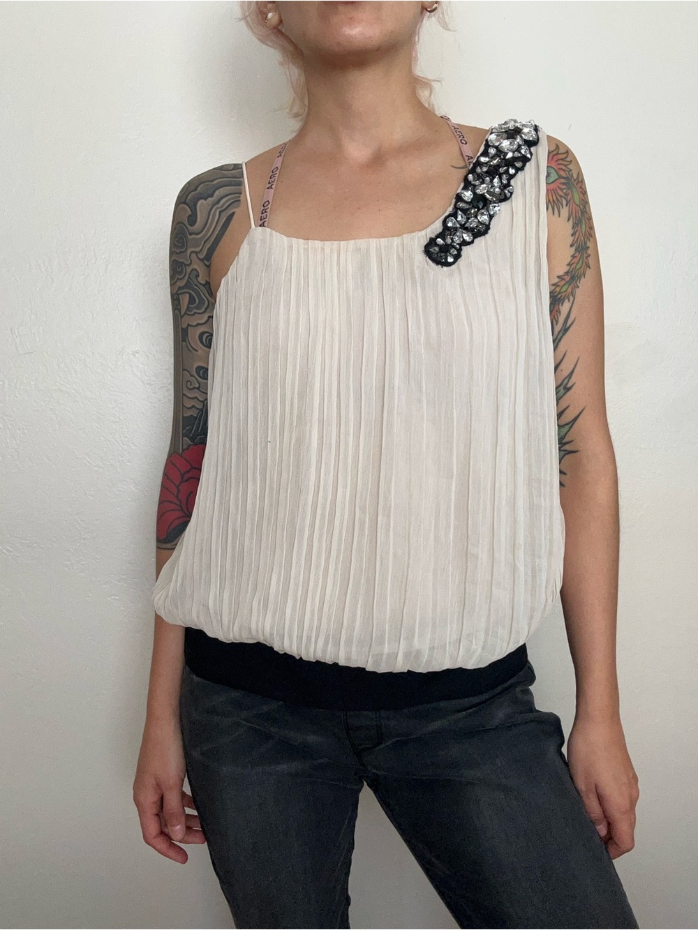 Jessica Simpson Cream Pleated One-Shoulder Camisole with Black Embellishment